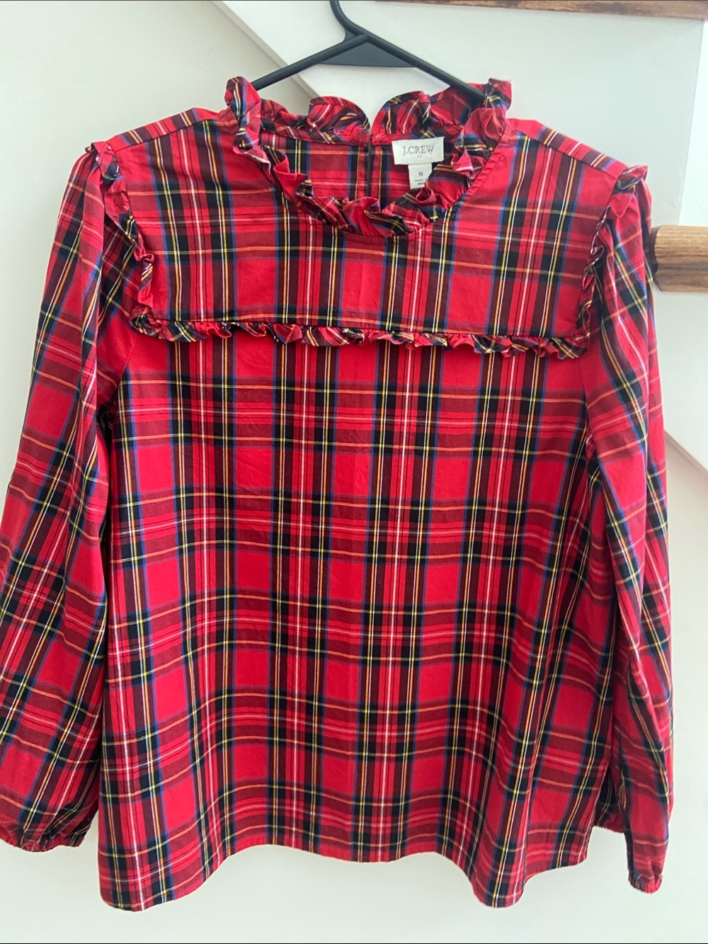 J. Crew Red Plaid Ruffle Yoke Long-Sleeve Top